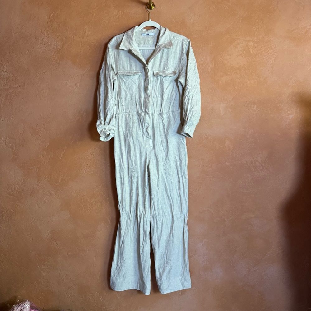 Because of Alice Linen Blend Utility Jumpsuit Neutral Minimalist Capsule